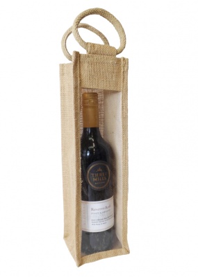 SINGLE WINE BOTTLE JUTE BAG with Window and Cotton Corded Handles - NATURAL