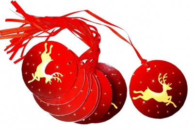 Pack 10 Gift Tags with Ribbon Ties - RED/GOLD REINDEER