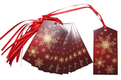 Pack 10 Gift Tags with Ribbon Ties - RED/GOLD SNOWFLAKES