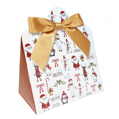 10 x Triangle Gift Box with Mini Bows - (Small) CHRISTMAS CHARACTER/GOLD BOWS