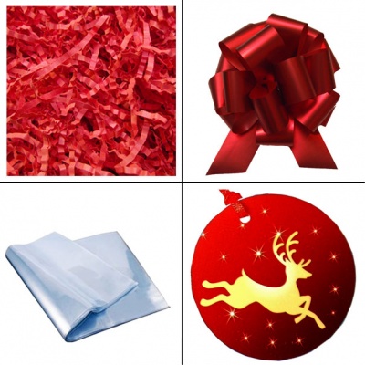 BULK Gift Basket Kit - (Small) REINDEER EASY FOLD TRAY / RED ACCESSORIES x10