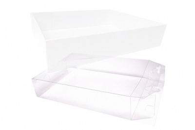 10 x Easy Fold Trays with Acetate Boxes - (20x15x5cm) SMALL WHITE TRAYS/CLEAR ACETATE BOXES