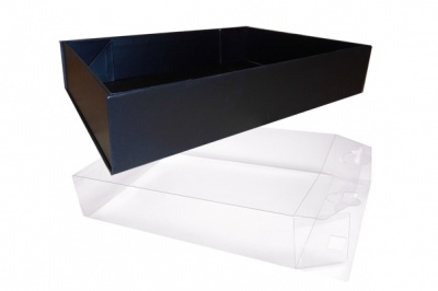 10 x Easy Fold Trays with Acetate Boxes - (30x20x6cm) MEDIUM BLACK TRAYS/CLEAR ACETATE BOXES