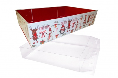 10 x Easy Fold Trays with Acetate Boxes - (30x20x6cm) MEDIUM CHRISTMAS CHARACTER TRAYS/CLEAR ACETATE BOXES