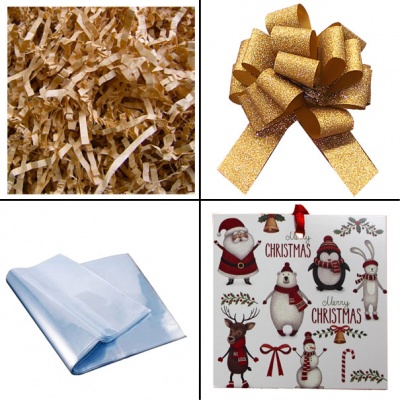 BULK Gift Basket Kit - (Medium) CHRISTMAS CHARACTERS EASY FOLD TRAY / GOLD ACCESSORIES x10