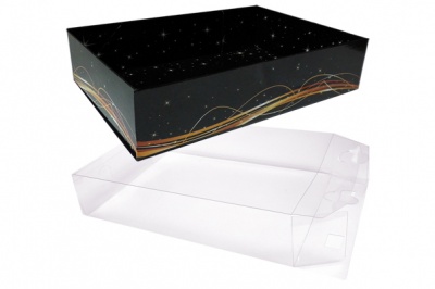 10 x Easy Fold Trays with Acetate Boxes - (35x24x8cm) LARGE BLACK SWIRL TRAYS/CLEAR ACETATE BOXES