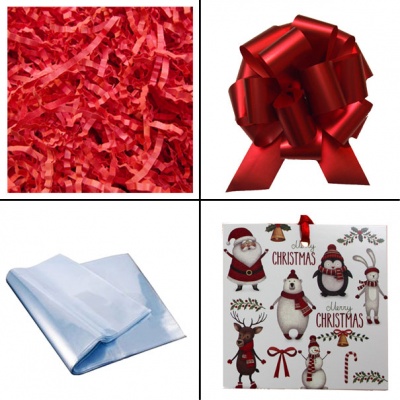 BULK Gift Basket Kit - (Medium) CHRISTMAS CHARACTERS EASY FOLD TRAY / RED ACCESSORIES x10