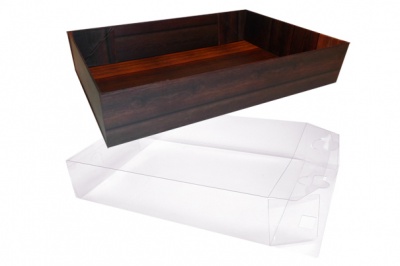 10 x Easy Fold Trays with Acetate Boxes - (35x24x8cm) LARGE WOODEN CRATE TRAYS/CLEAR ACETATE BOXES