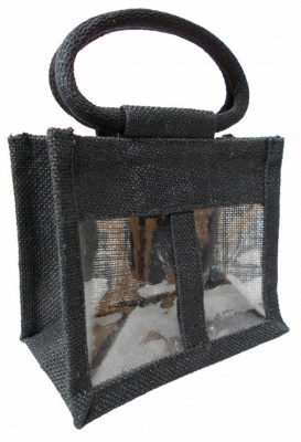 2 JAR JUTE BAG with Window, Partition and Cotton Corded Handles -17x10x14cm high - BLACK