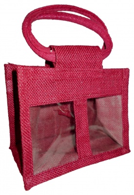 2 JAR JUTE BAG with Window, Partition and Cotton Corded Handles -17x10x14cm high - RED WINE