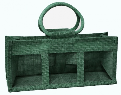 3 JAR JUTE BAG with Window, Partition and Cotton Corded Handles - 24x10x14cm high - DARK GREEN