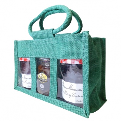 3 JAR JUTE BAG with Window, Partition and Cotton Corded Handles - 24x10x14cm high - DARK GREEN