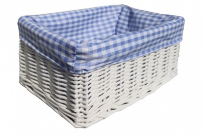 WHITE Wicker Storage Basket BLUE GINGHAM Lining - 24x18x12cm