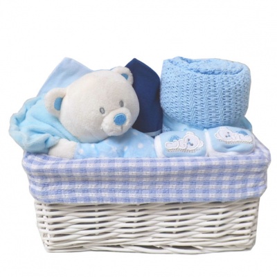 WHITE Wicker Storage Basket BLUE GINGHAM Lining - 24x18x12cm