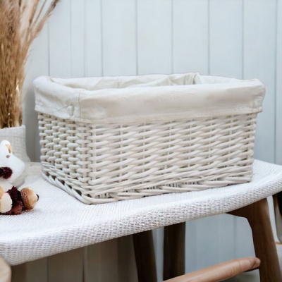 WHITE Wicker Storage Basket with CREAM Lining - 30x22x15cm