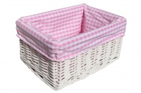WHITE Wicker Storage Basket PINK GINGHAM Lining - 24x18x12cm