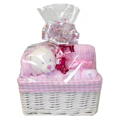 WHITE Wicker Storage Basket PINK GINGHAM Lining - 24x18x12cm