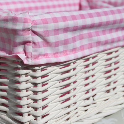 WHITE Wicker Storage Basket PINK GINGHAM Lining - 24x18x12cm