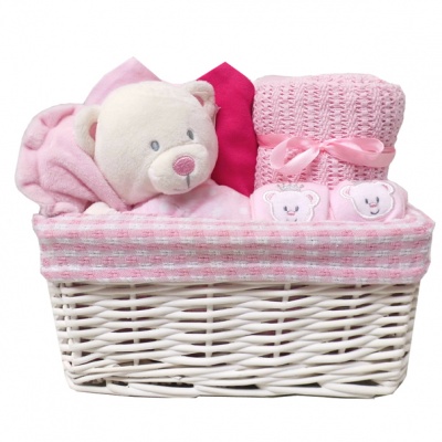 WHITE Wicker Storage Basket PINK GINGHAM Lining - 24x18x12cm