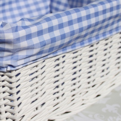 WHITE Wicker Storage Basket BLUE GINGHAM Lining - 35x24x12cm high