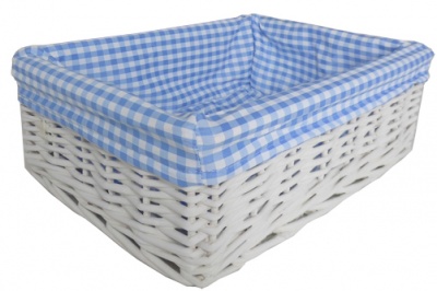 WHITE Wicker Storage Basket BLUE GINGHAM Lining - 35x24x12cm high