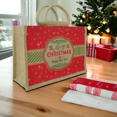 MEDIUM Open Jute Bag with Cotton Corded Handles - 30x12x20cm high - CHRISTMAS