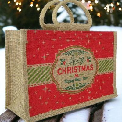 LARGE Open Jute Bag with Cotton Handles 35cm- CHRISTMAS