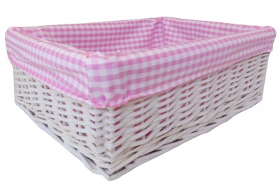 WHITE Wicker Storage Basket PINK GINGHAM Lining - 41x31x15cm high