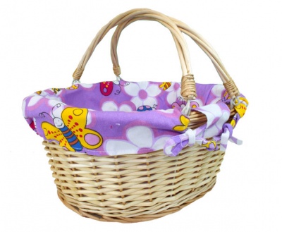 Natural Wicker Shopping Basket with Folding Handles and Purple Butterfly & Bees Lining- 41cm