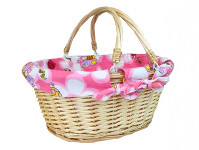 Natural Wicker Shopping Basket with Folding Handles and Pink Butterfly & Bees Lining- 41cm