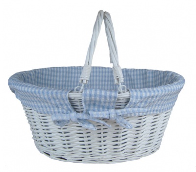 White Wicker Shopping Basket with Folding Handles and Blue Gingham Lining- 41cm