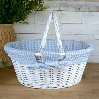 White Wicker Shopping Basket with Folding Handles and Blue Gingham Lining- 41cm