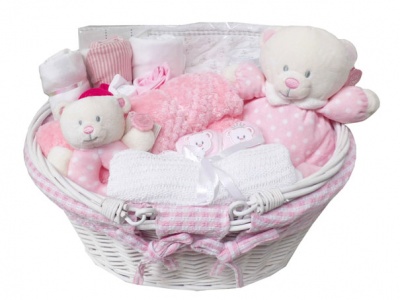 White Wicker Shopping Basket with Folding Handles and Pink Gingham Lining- 41cm
