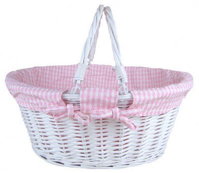 White Wicker Shopping Basket with Folding Handles and Pink Gingham Lining- 41cm