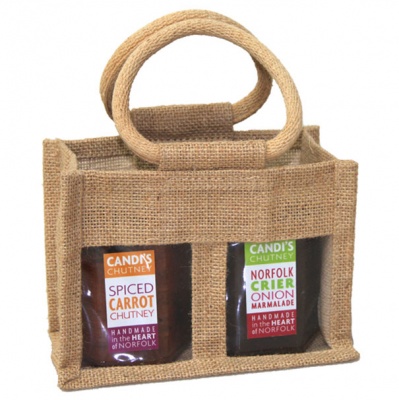 2 JAR JUTE BAG with Window, Partition and Cotton Corded Handles -17x10x14cm high - NATURAL