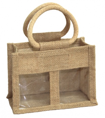 2 JAR JUTE BAG with Window, Partition and Cotton Corded Handles -17x10x14cm high - NATURAL