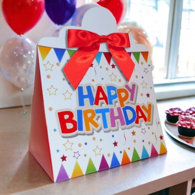 10 x Triangle Gift Box with Mini Bows - (Large) BIRTHDAY/RED BOWS