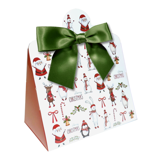 10 x Triangle Gift Box with Mini Bows - (Small) CHRISTMAS CHARACTER/GREEN BOWS