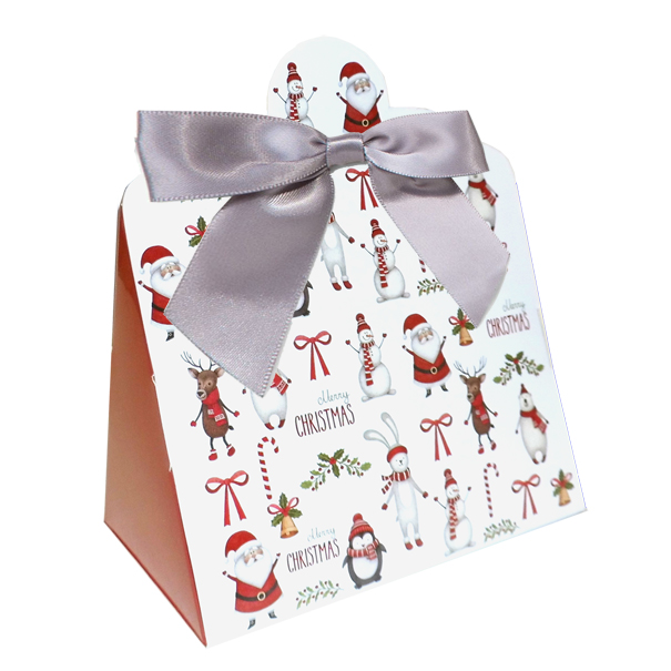 10 x Triangle Gift Box with Mini Bows - (Small) CHRISTMAS CHARACTER/SILVER BOWS