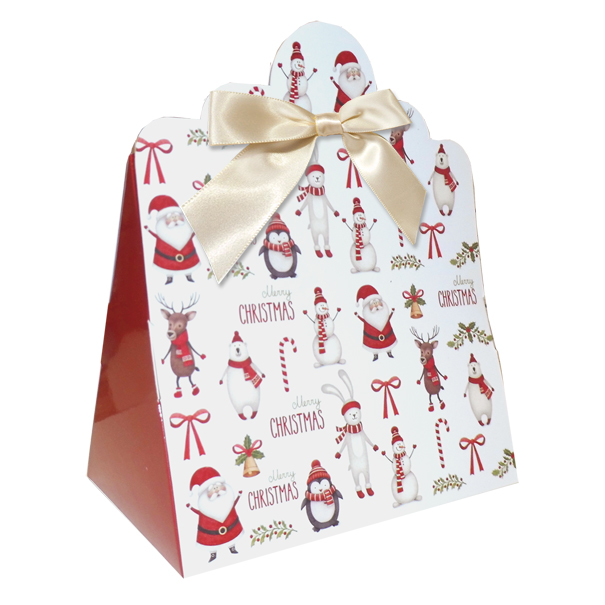 10 x Triangle Gift Box with Mini Bows - (Large) CHRISTMAS CHARACTER/WHITE BOWS