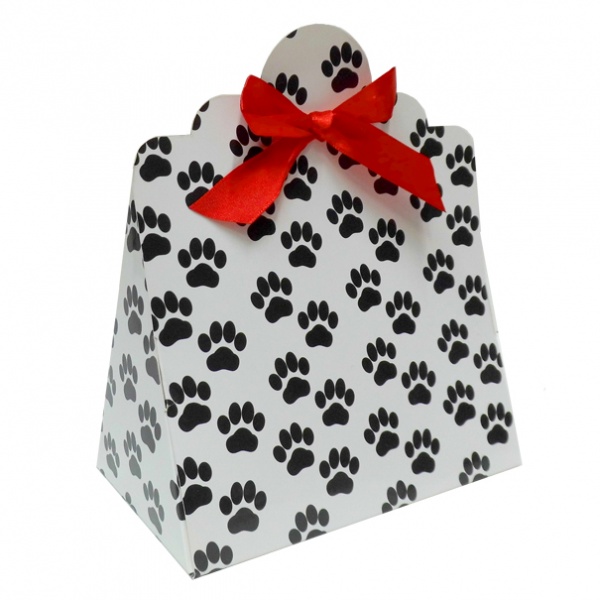 10 x Triangle Gift Box with Mini Bows - (Large) PAW PRINTS/RED BOWS