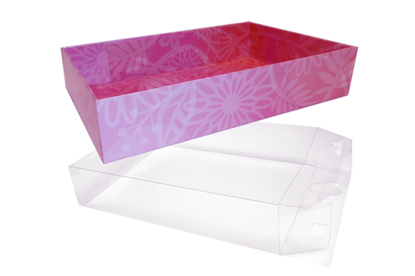 10 x Easy Fold Trays with Acetate Boxes - (20x15x5cm) SMALL PINK FLOWERS TRAYS/CLEAR ACETATE BOXES