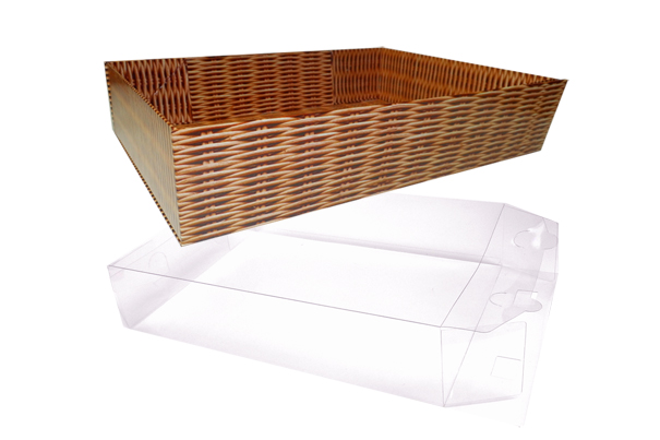 10 x Easy Fold Trays with Acetate Boxes - (30x20x6cm) MEDIUM WICKER TRAYS/CLEAR ACETATE BOXES