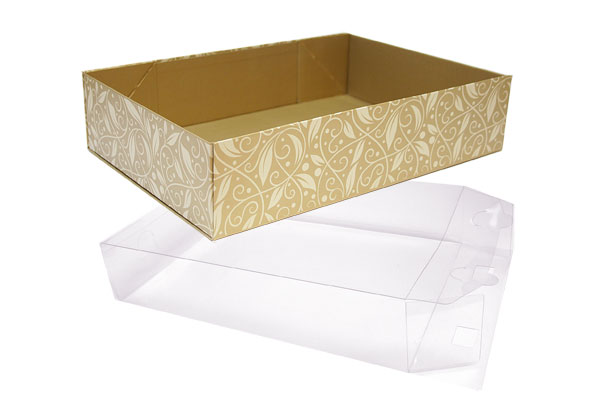 10 x Easy Fold Trays with Acetate Boxes - (35x24x8cm) LARGE GOLD VINE TRAYS/CLEAR ACETATE BOXES