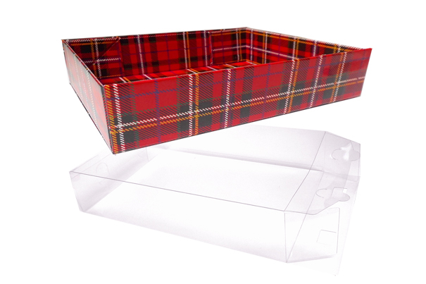 10 x Easy Fold Trays with Acetate Boxes - (35x24x8cm) LARGE TARTAN TRAYS/CLEAR ACETATE BOXES