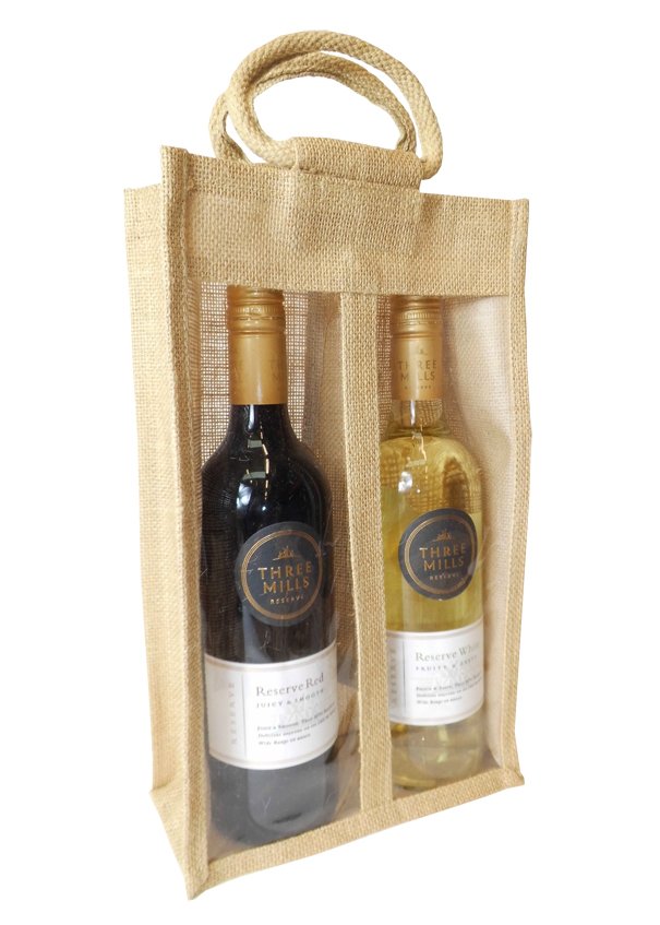 DOUBLE WINE BOTTLE JUTE BAG with Window, Partition and Cotton Corded Handles - NATURAL