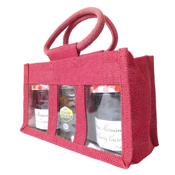 3 JAR JUTE BAG with Window, Partition and Handles RED WINE