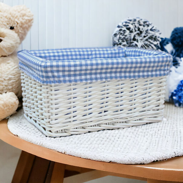 WHITE Wicker Storage Basket with BLUE GINGHAM Lining - 30x22x15cm