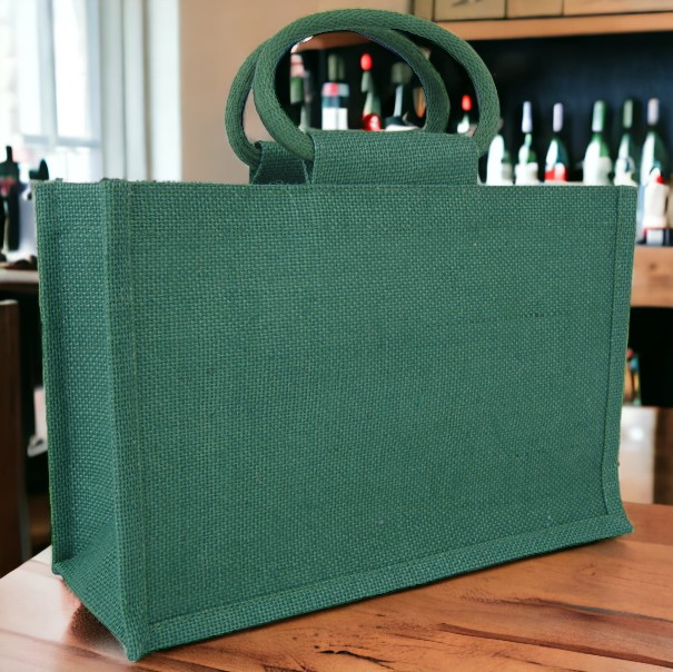 MEDIUM Open Jute Bag with Cotton Corded Handles - 30x12x20cm high - DARK GREEN