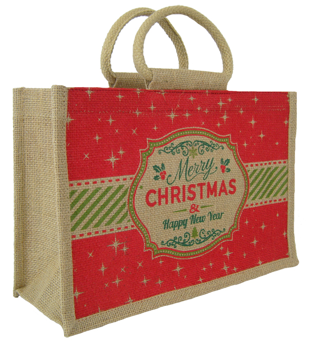 LARGE Open Jute Bag with Cotton Handles 35cm CHRISTMAS